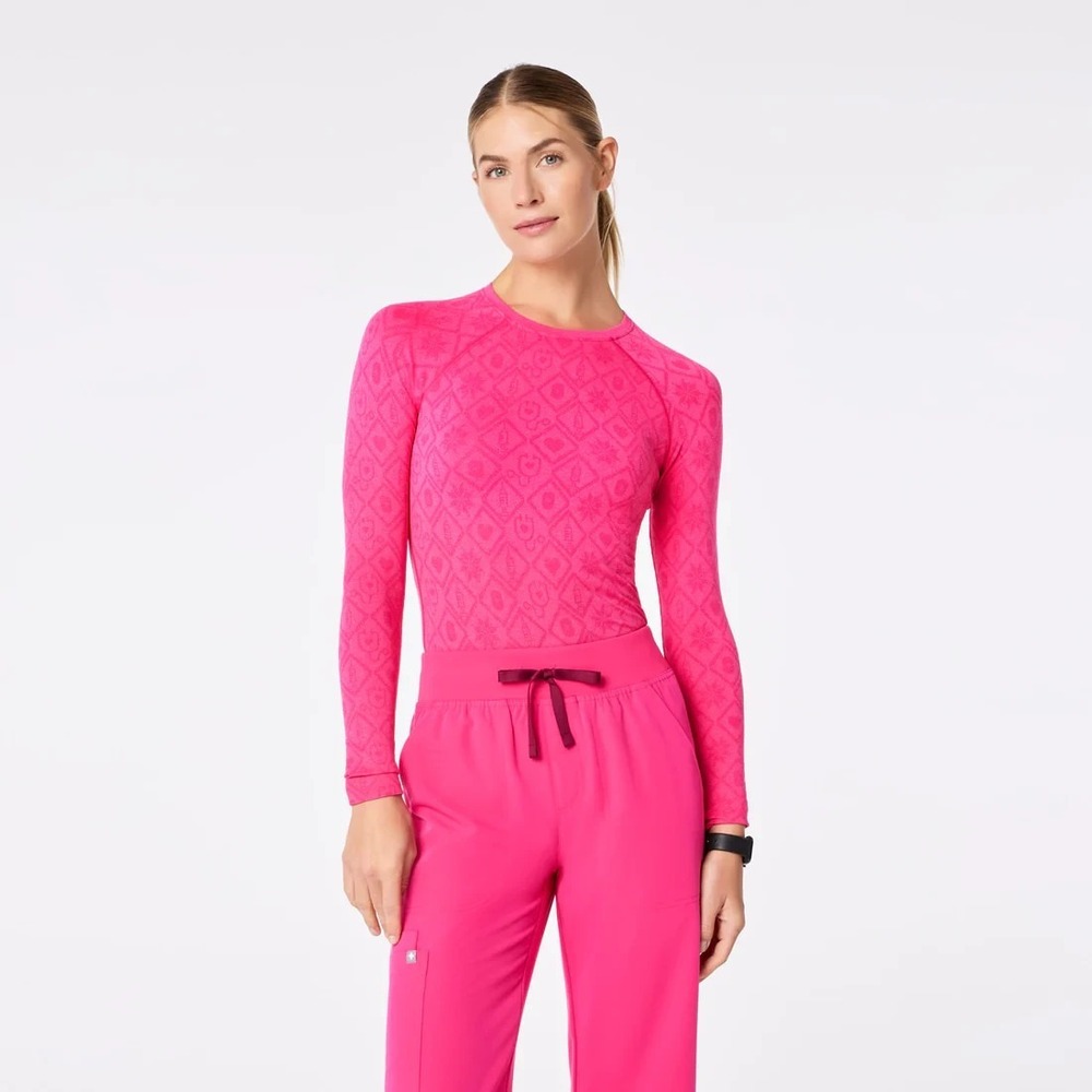 FIGS Sz M Salta Seamless Longsleeve Underscrub Fair Isle Shocking Pink CNA Nurse